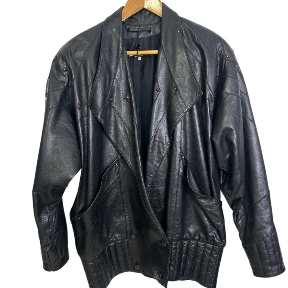Vintage Junko Koshino Black Leather Jacket Red Glass Studs Shoulder Pads Men 42